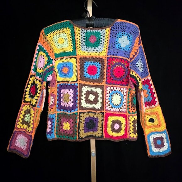 Vintage 90s Express Tricot Granny Square Crochet Sweater L - Picture 5 of 9